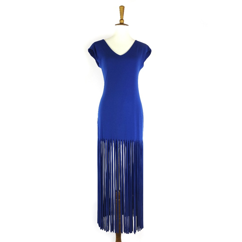Eva Varro blue long fringe cap sleeve dress, sz M
